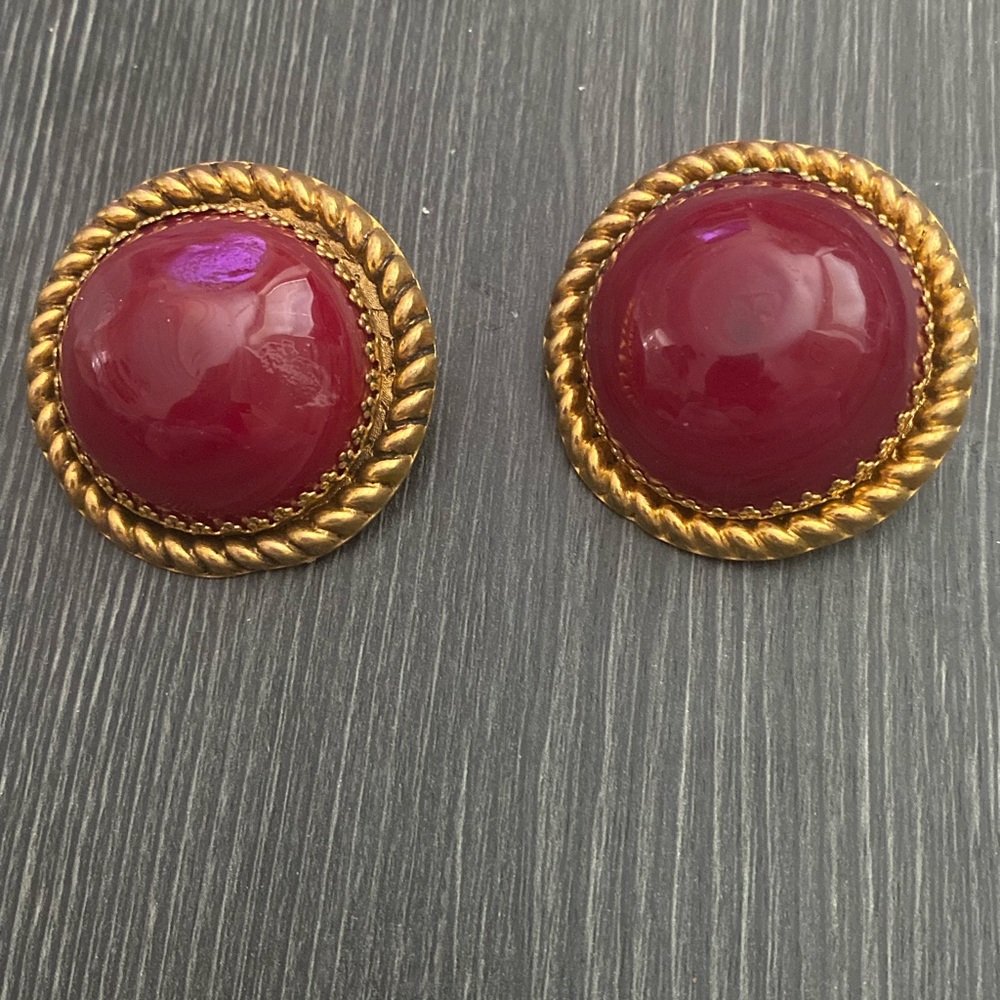 Vintage Gold-Trimmed Deep Red Dome Earrings butler Wilson